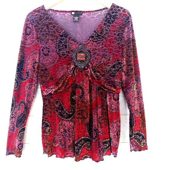 Carole Little Blouse Long Sleeve Top Medium Textured Sheer Colorful Velvety - Picture 1 of 12
